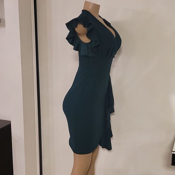 BRAND NEW KNITEE V-NECK RUFFLED ASYMMETRICAL MINI DRESS G1 - Picture 6 of 13